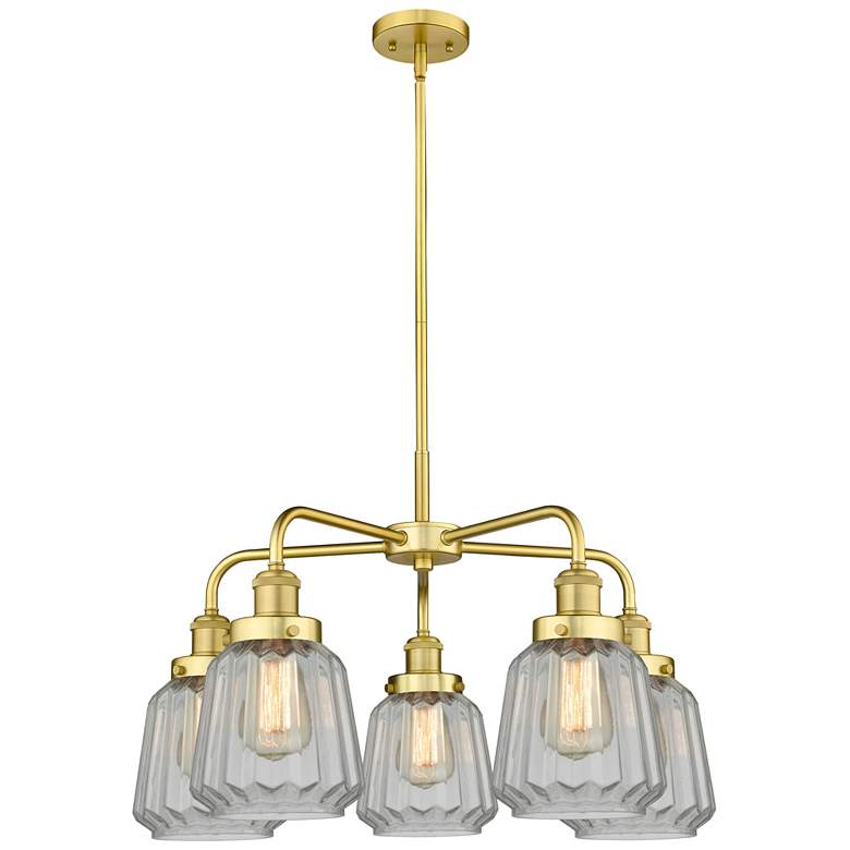 Image 1 Chatham 24.5"W 5 Light Satin Gold Stem Hung Chandelier w/ Clear Glass