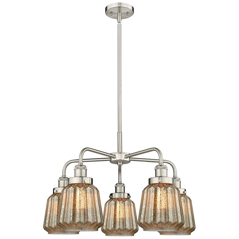 Image 1 Chatham 24.5"W 5 Light Satin Nickel Stem Hung Chandelier w/ Mercury Sh