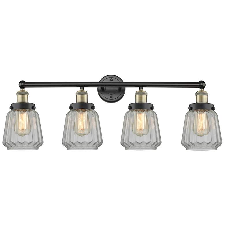 Image 1 Chatham 33.5"W 4 Light Black Brass Bath Vanity Light w/ Matte White Sh