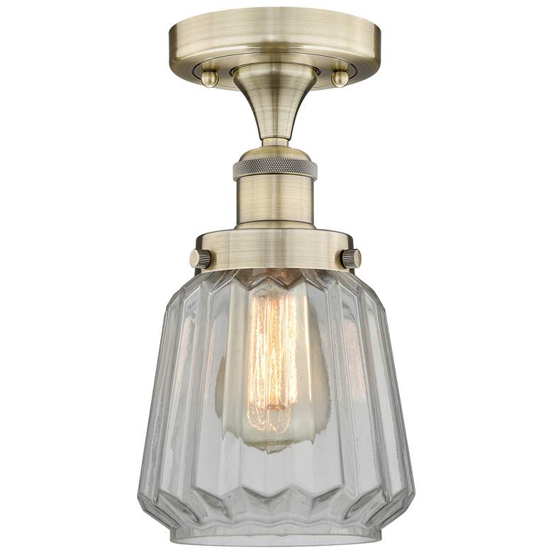 Image 1 Chatham 6.5" Wide Antique Brass Semi.Flush Mount With Clear Glass Shad