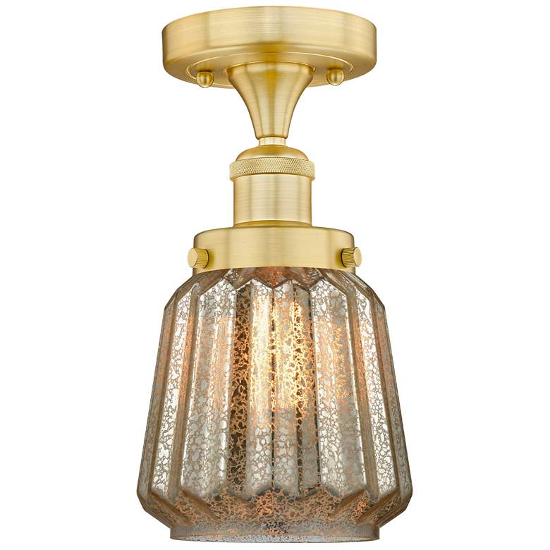 Image 1 Chatham 6.5" Wide Satin Gold Semi.Flush Mount With Mercury Glass Shade
