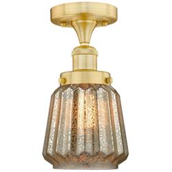 Chatham 6.5&quot; Wide Satin Gold Semi.Flush Mount With Mercury Glass Shade