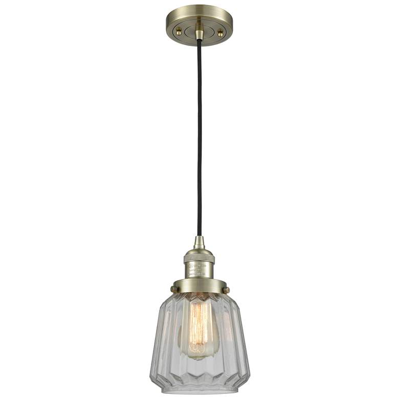 Image 1 Chatham 7" Wide Antique Brass Corded Mini Pendant w/ Clear Shade