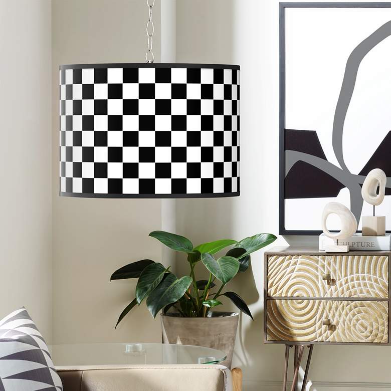 Image 1 Checkered Black Giclee Swag Style Plug-In Chandelier
