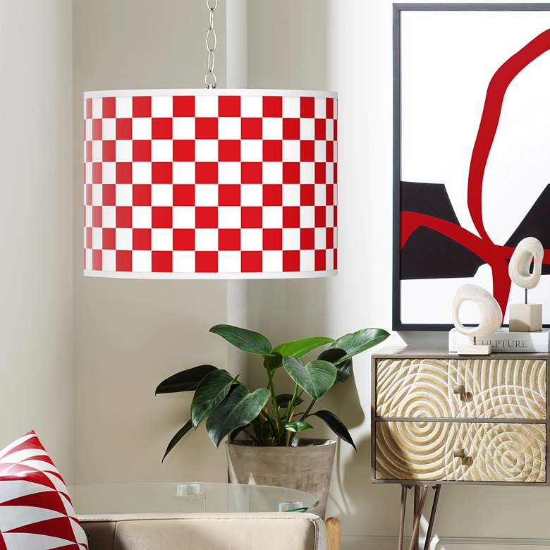 Image 1 Checkered Red Giclee Swag Style Plug-In Chandelier