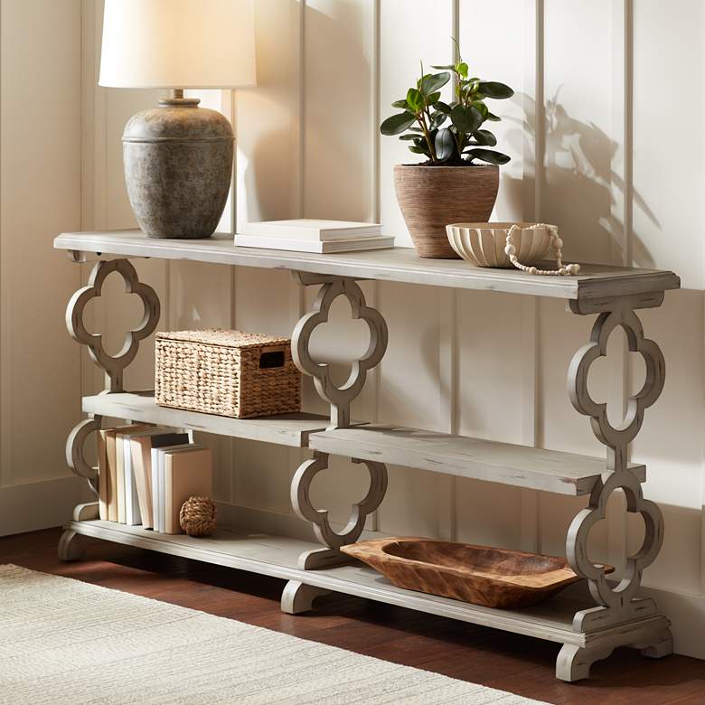 Image 1 Chelsea 71" Wide Distressed Gray Wood Console Table with Tray Top