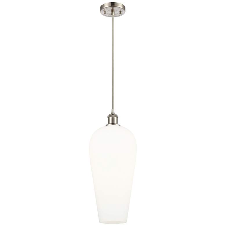 Image 1 Chelsea 8" Wide Satin Nickel Cord Hung Mini Pendant with White Shade