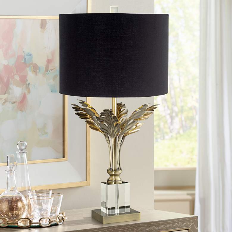 Cheri Antique Brass Leaves and Crystal Traditional Table Lamp