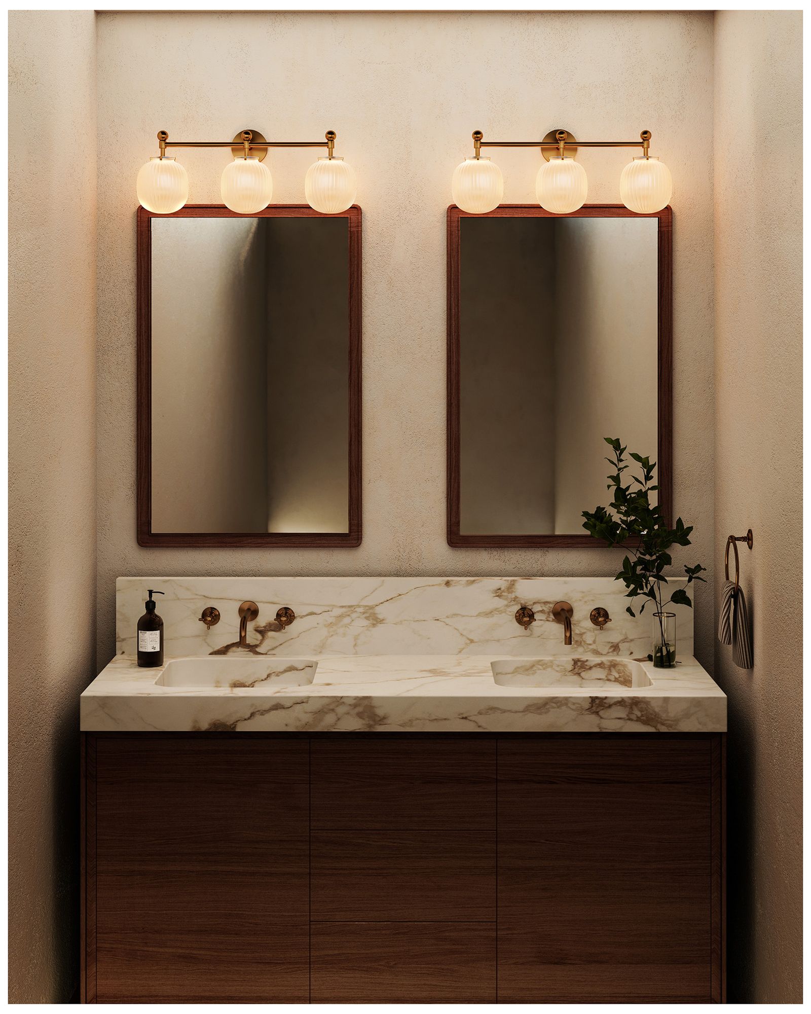 Cherise 29-in Brushed Gold Bathroom Vanity Light w/Glossy Ribbed Opal Glass