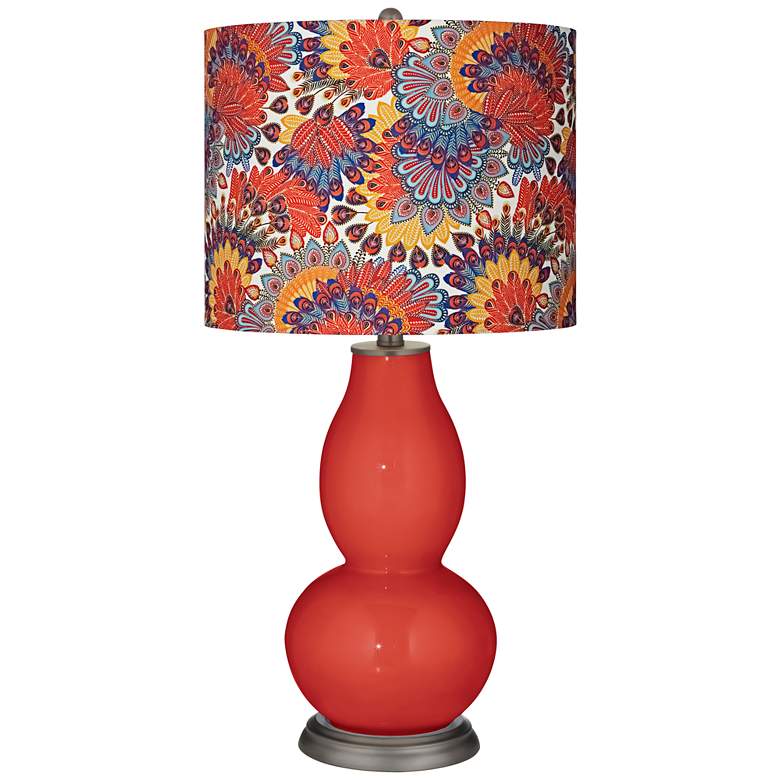 Image 1 Cherry Tomato Red Calico Shade Double Gourd Table Lamp