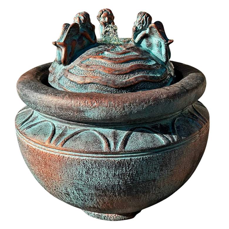 Image 1 Cherub 17 1/2"H Bronze Patina LED Bubbler Outdoor Fountain