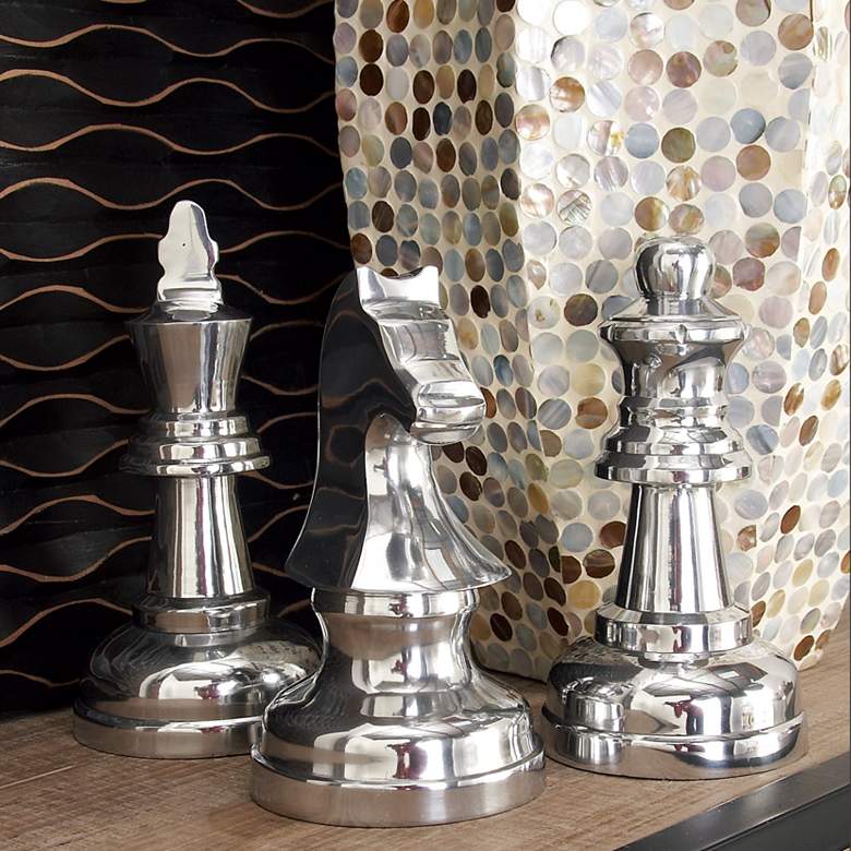 Image 1 Chess 9" High Polished Silver Metal Sculptures Set of 3