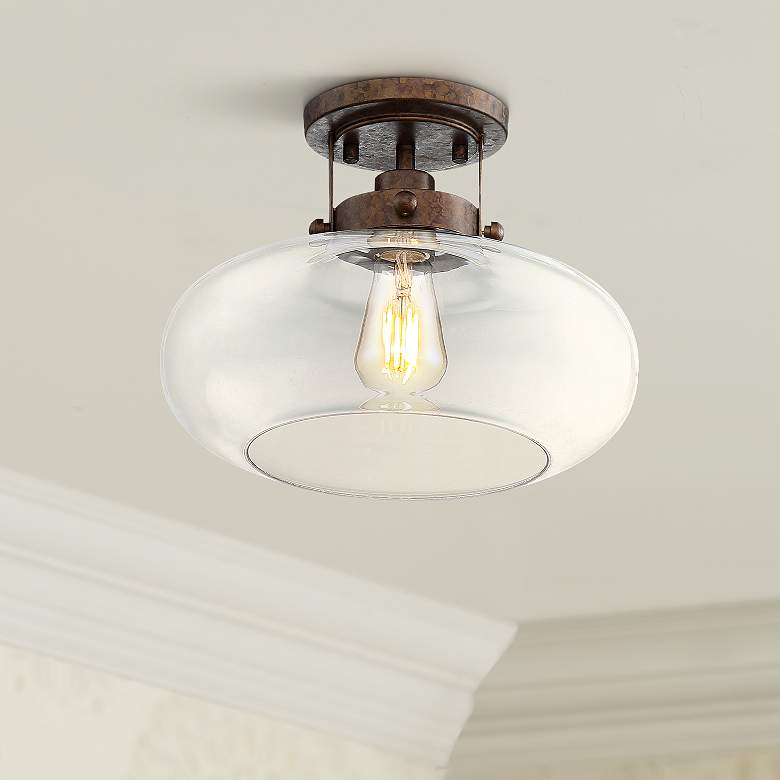 Image 1 Chester 12 inch Wide Glass and Rustic Bronze Ceiling Light