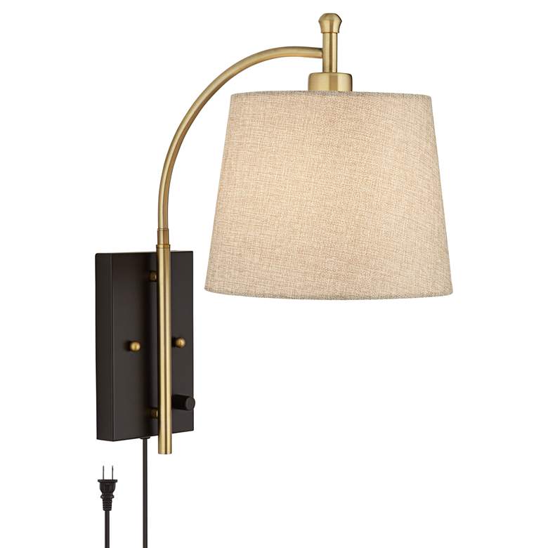 Image 2 Chester Antique Brass and Black Swing Arm Plug-In Wall Lamp