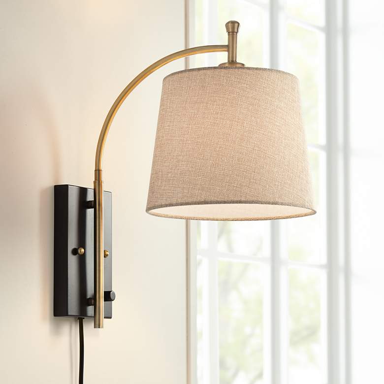 Image 1 Chester Antique Brass and Black Swing Arm Plug-In Wall Lamp