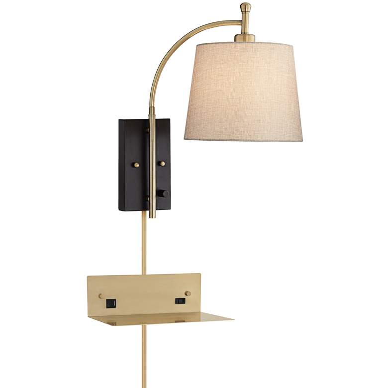 Image 1 Chester Brass and Black Swing Arm Plug-In Wall Lamp with USB-Outlet Shelf