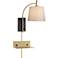 Chester Brass and Black Swing Arm Plug-In Wall Lamp with USB-Outlet Shelf