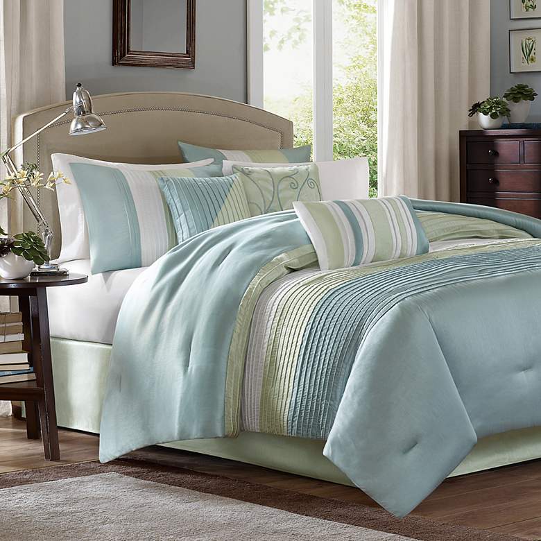 Image 2 Chester Green Blue Striped 7-Piece Queen Comforter Bed Set