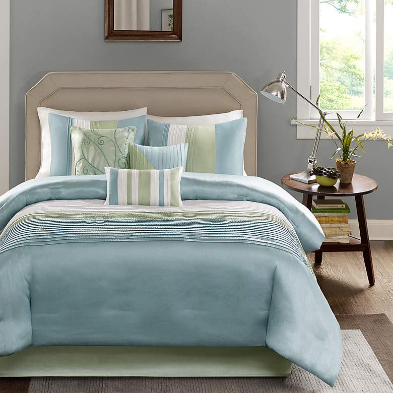 Image 1 Chester Green Blue Striped 7-Piece Queen Comforter Bed Set