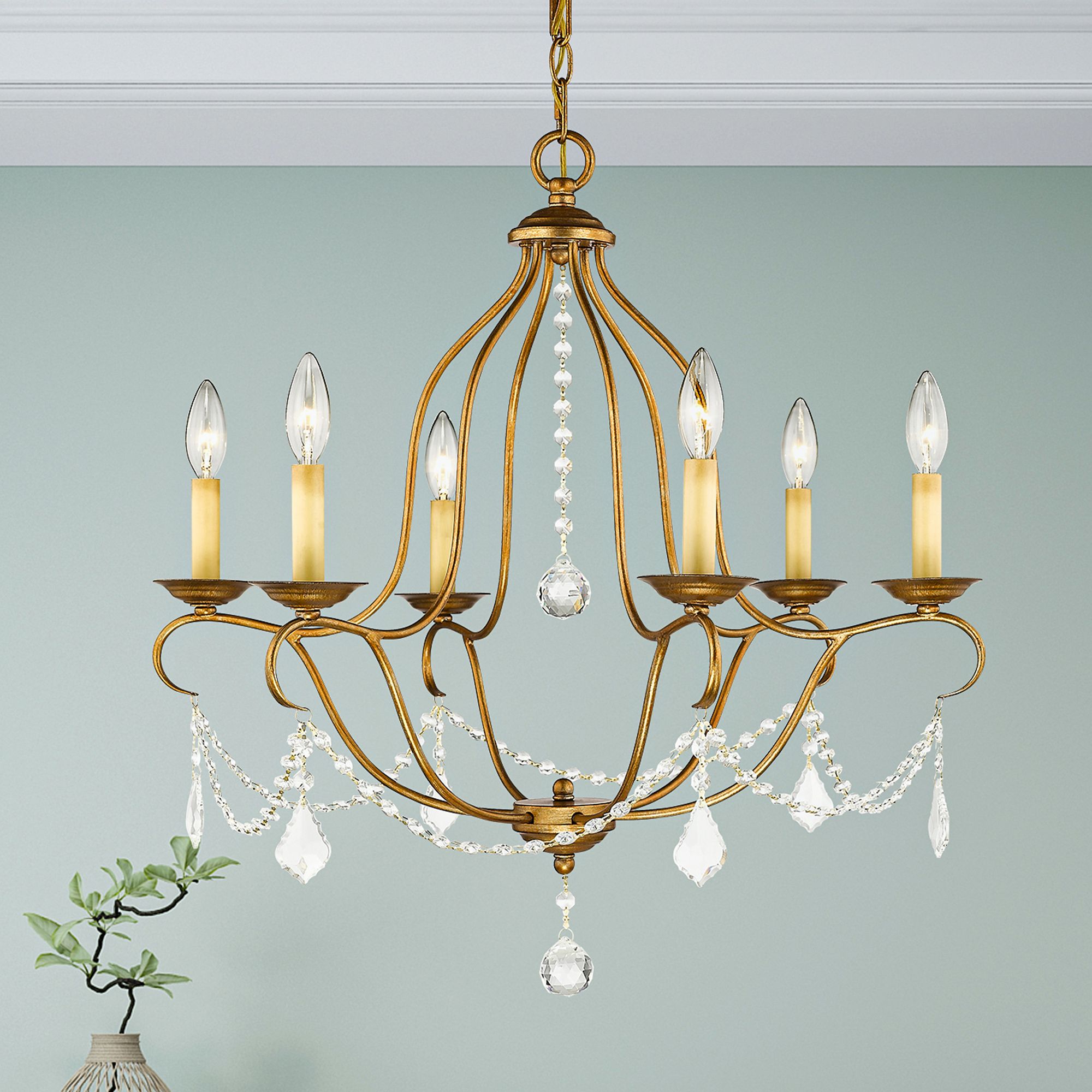 Chesterfield 25-in 6-Light Antique Gold Leaf Vintage Candle Chandelier