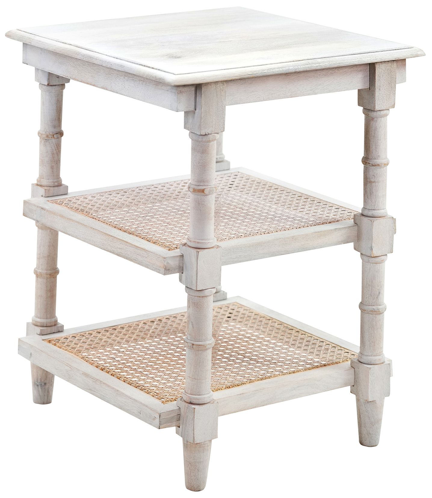 Chesterfield 3 Shelf Whitewash Wood & Cane Side Table 8321F Lamps Plus