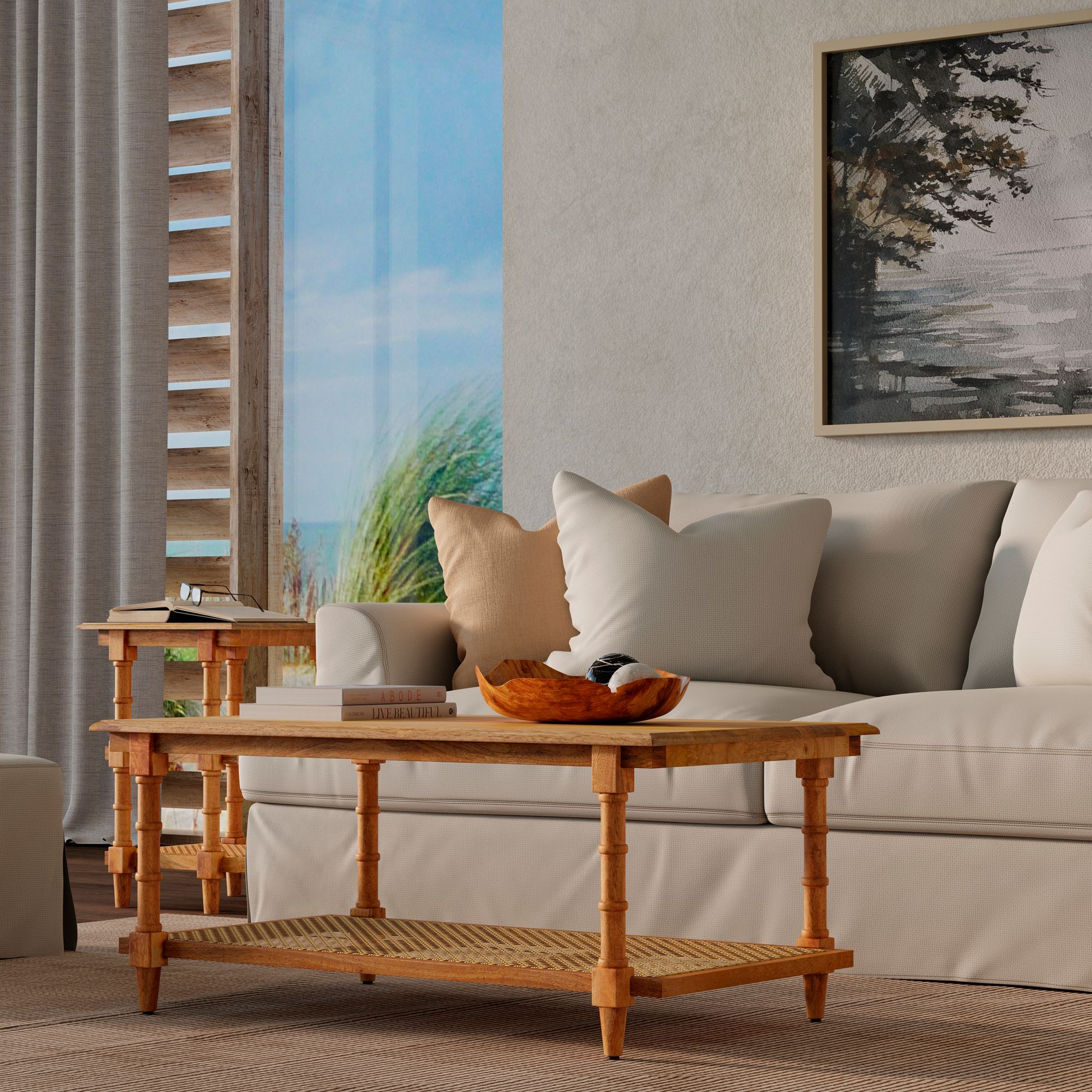 Chesterfield 42" Wide Natural Wood and Cane Coffee Table