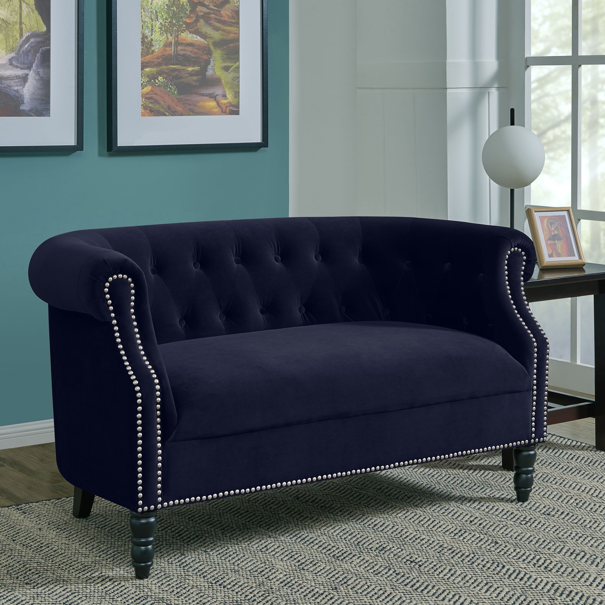 Chesterfield 54" Wide Navy Blue Velvet Tufted Loveseat 873V0 Lamps