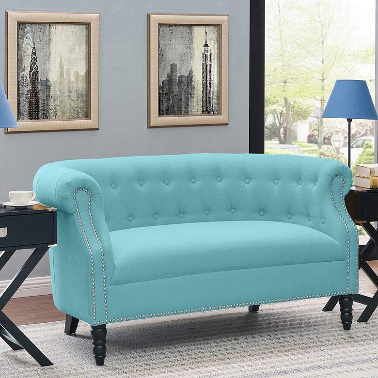 Image 1 Chesterfield 54" Wide Turquoise Blue Linen Tufted Loveseat