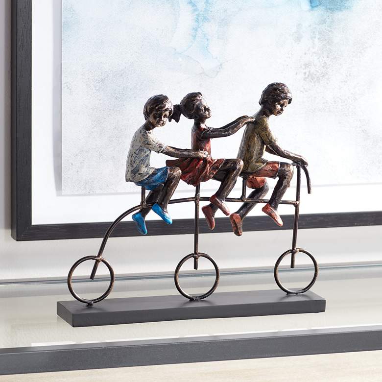 Image 1 Children Riding Bike 12 3/4 inch Wide Sculpture