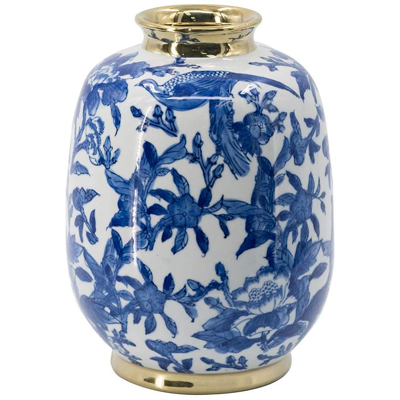 Image 1 Chinoiserie 10.6" Blue and White Vase w/ Gold Trim