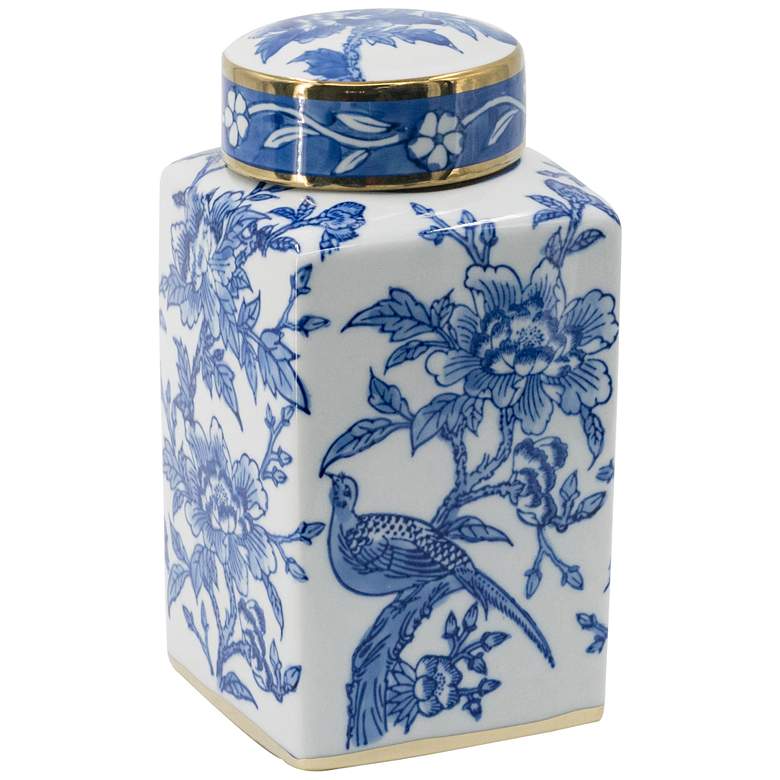 Image 1 Chinoiserie 10.6" Wide Blue and White Square Jar with Gold Trim Lid
