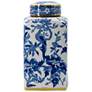 Chinoiserie 12.6" Blue and Wwhite Square Jar with Gold Trim Lid
