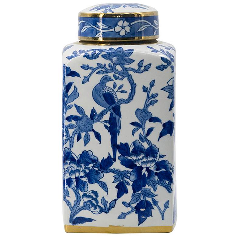 Image 1 Chinoiserie 12.6" Blue and Wwhite Square Jar with Gold Trim Lid