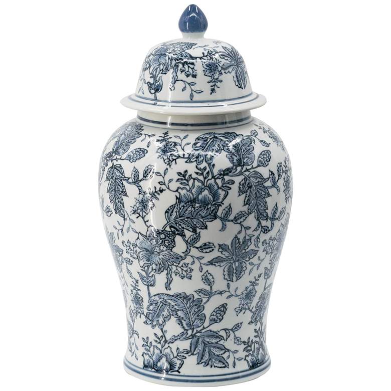 Image 1 Chinoiserie 17.9 inch Blue and White Ginger Jar w/ Handled Lid