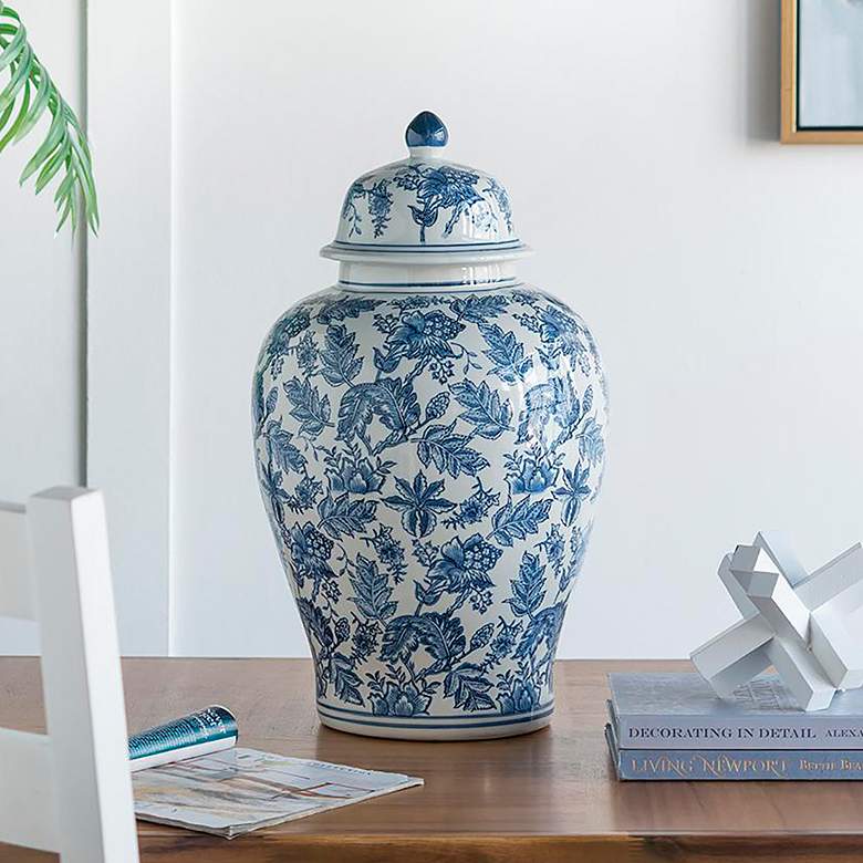 Image 1 Chinoiserie 23.2" Blue and White Ginger Jar w/ Handled Lid