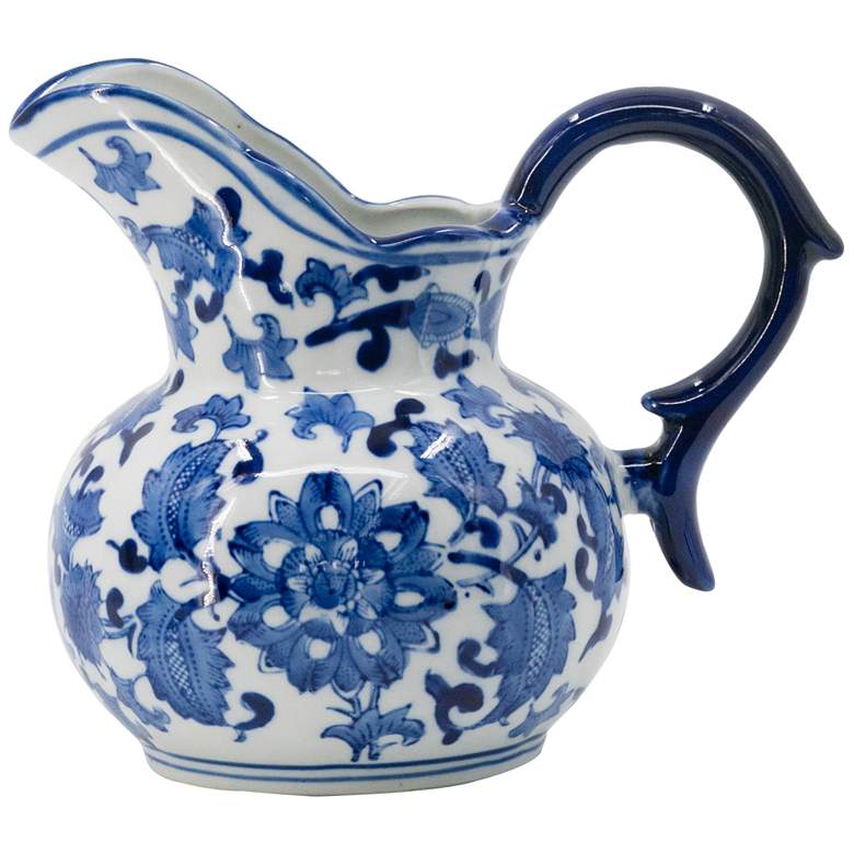 Image 1 Chinoiserie 8.7" Wide Blue and White Milk Jar with Handle