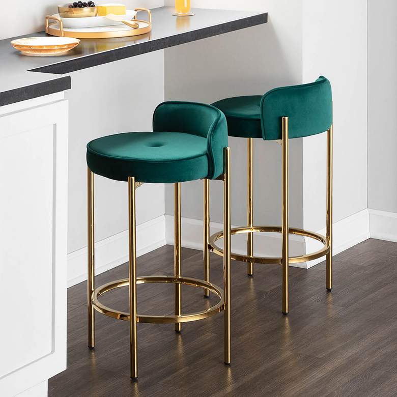 Image 1 Chloe 25 1/2 inch Green Velvet Counter Stools Set of 2