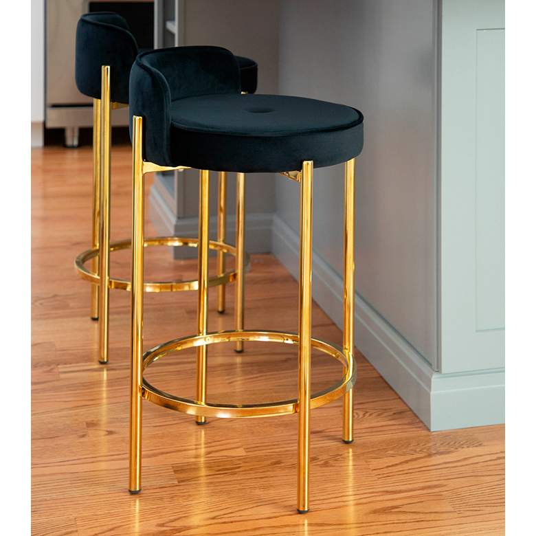 Image 1 Chloe 25 1/2" Modern Black Velvet and Gold Counter Stools Set of 2