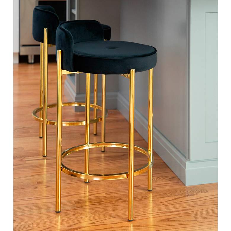 Image 1 Chloe 25 1/2 inch Modern Black Velvet and Gold Counter Stools Set of 2