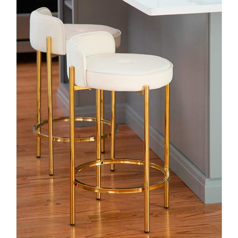 Image 1 Chloe 25 1/2" Modern White Velvet and Gold Counter Stools Set of 2