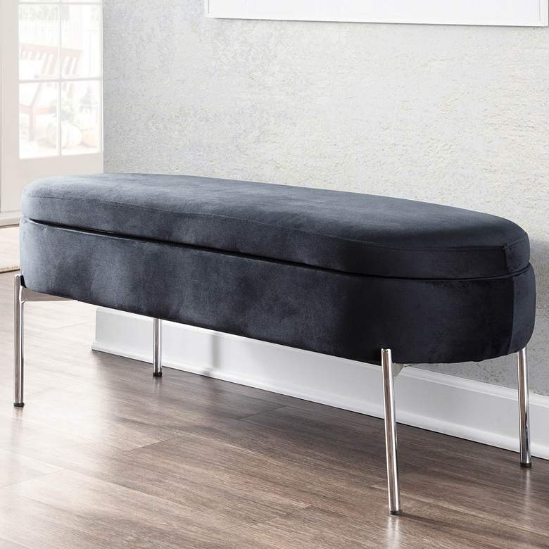 Image 1 Chloe 48" Wide Black Velvet and Chrome Metal Storage Bench