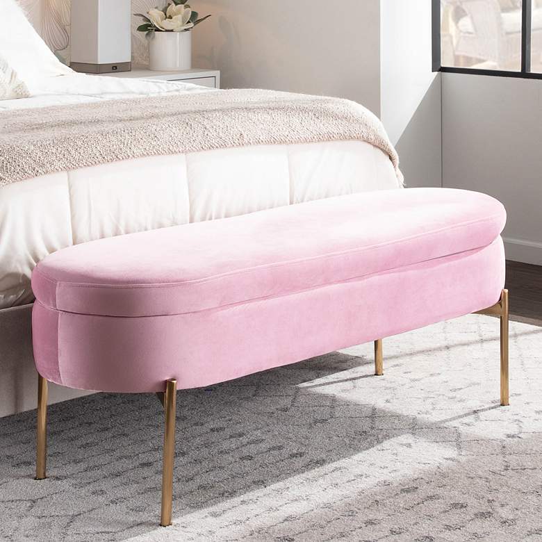 Image 1 Chloe 48 inch Wide Pink Velvet and Gold Metal Storage Bench