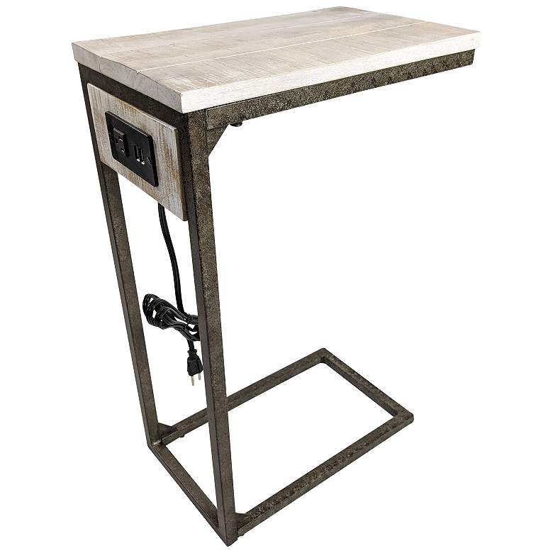 Image 1 Chloe Aged Iron Base Driftwood Top C-Form Accent Table With USB Ports