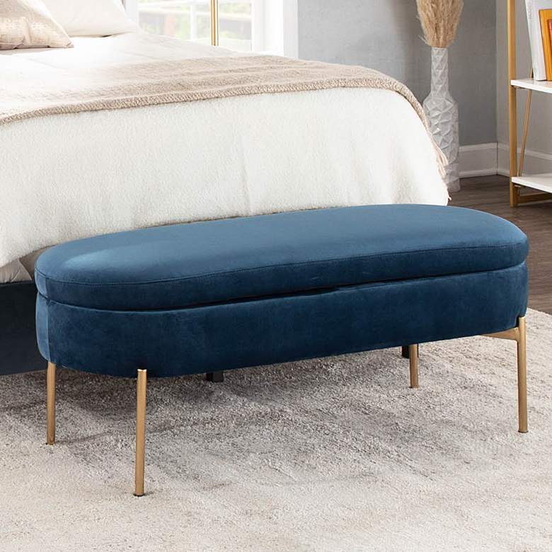 Image 1 Chloe Blue Velvet and Gold Metal Storage Bench