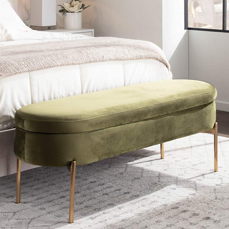 Image 1 Chloe Green Velvet and Gold 48" Wide Modern Storage Bench