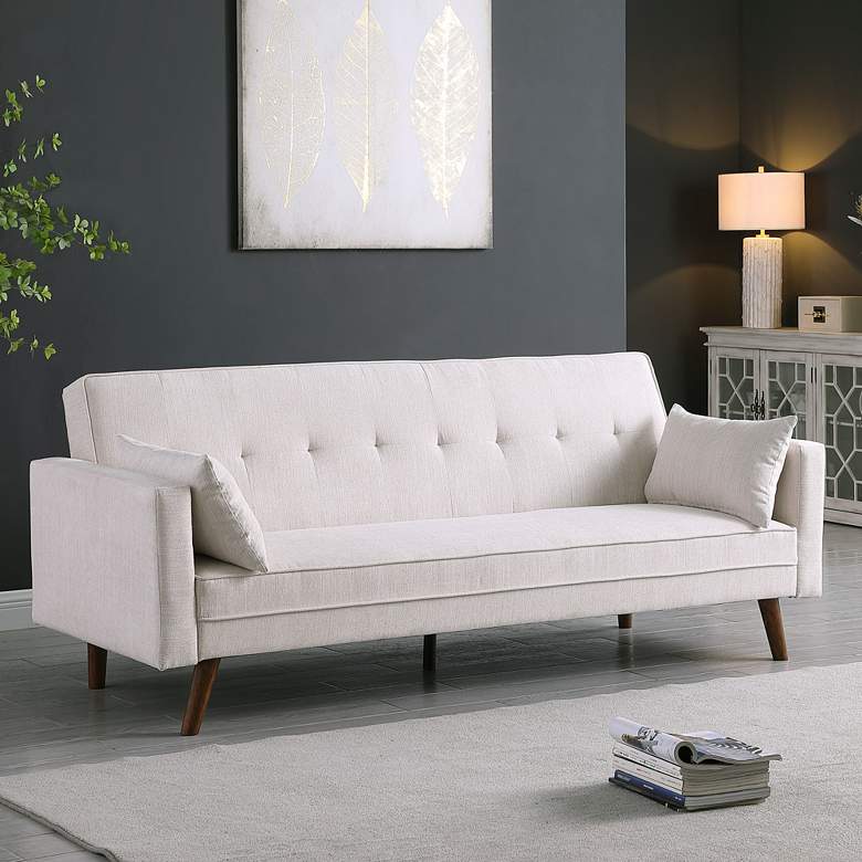 Image 1 Christina 84" Wide Beige Chenille Tufted Convertible Sleeper Sofa
