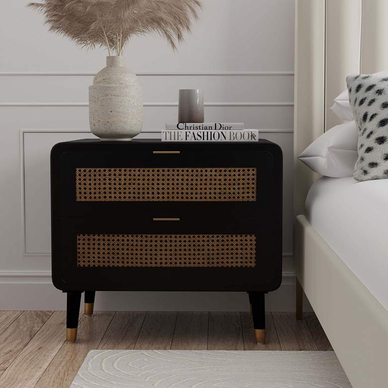 Image 1 Christine 27" Wide Black and Natural Cane 2-Drawer Modern Nightstand