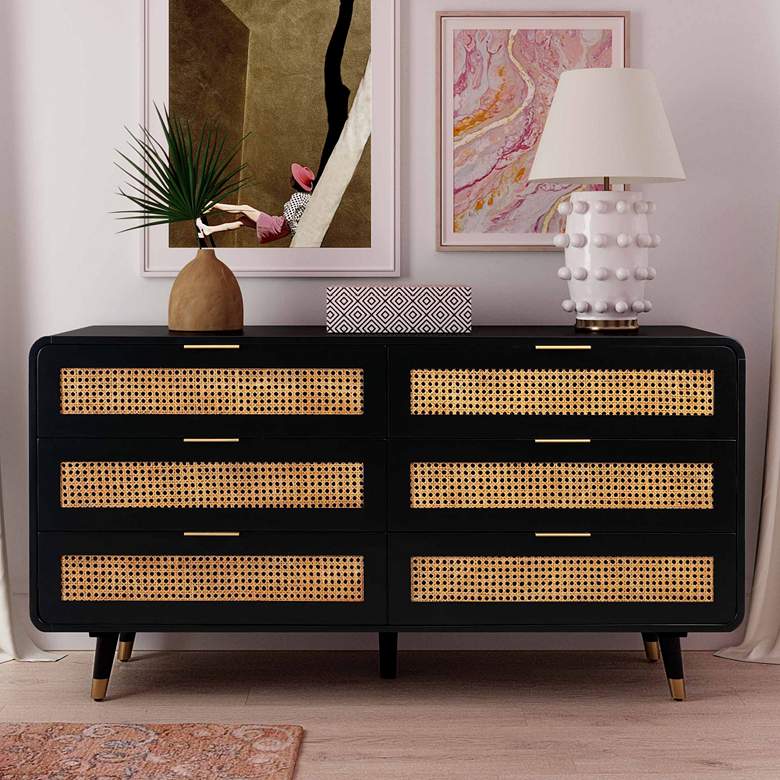 Image 1 Christine 62" Wide Black Acacia Wood and Iron 6-Drawer Dresser