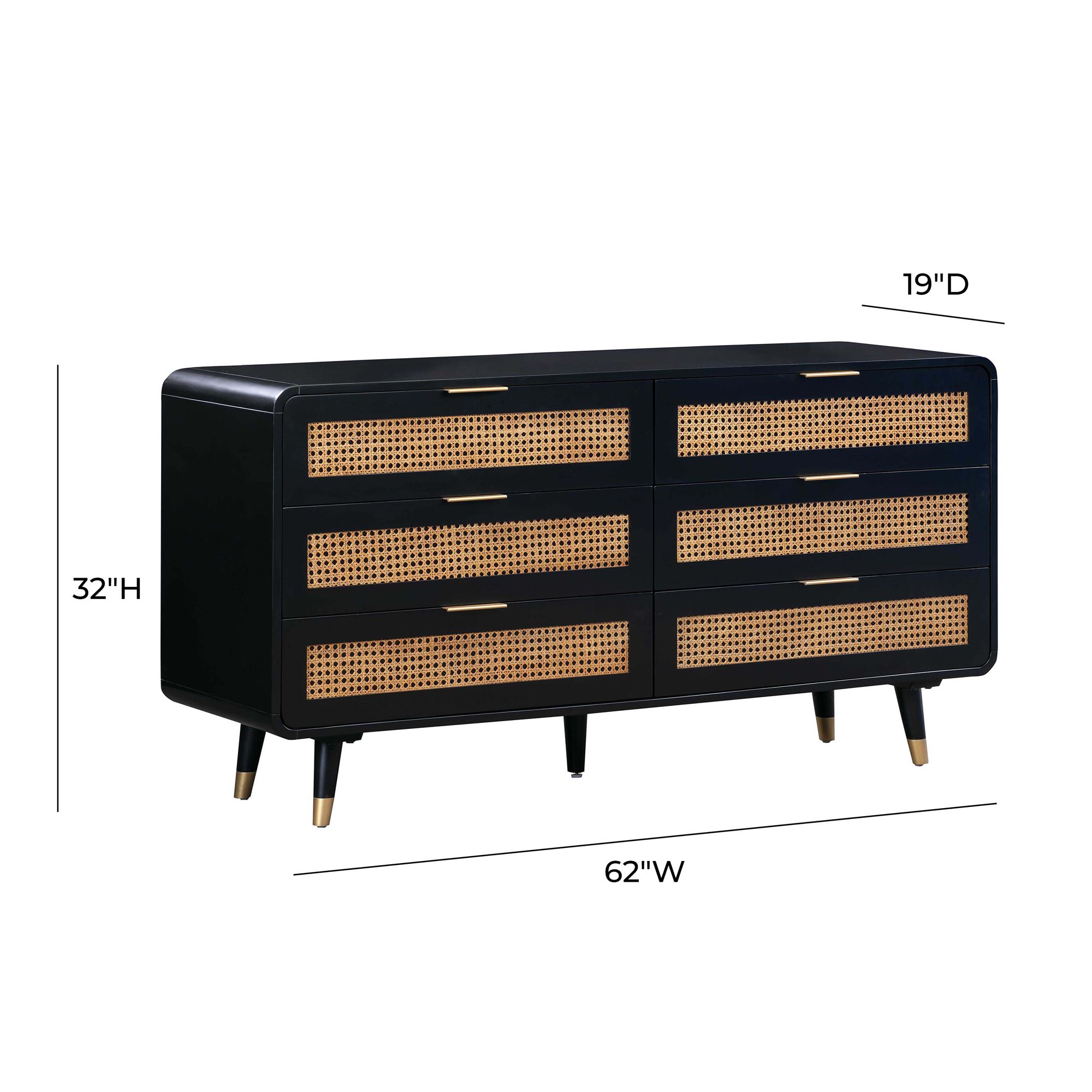 Christine 62" Wide Black Acacia Wood and Iron 6-Drawer Dresser