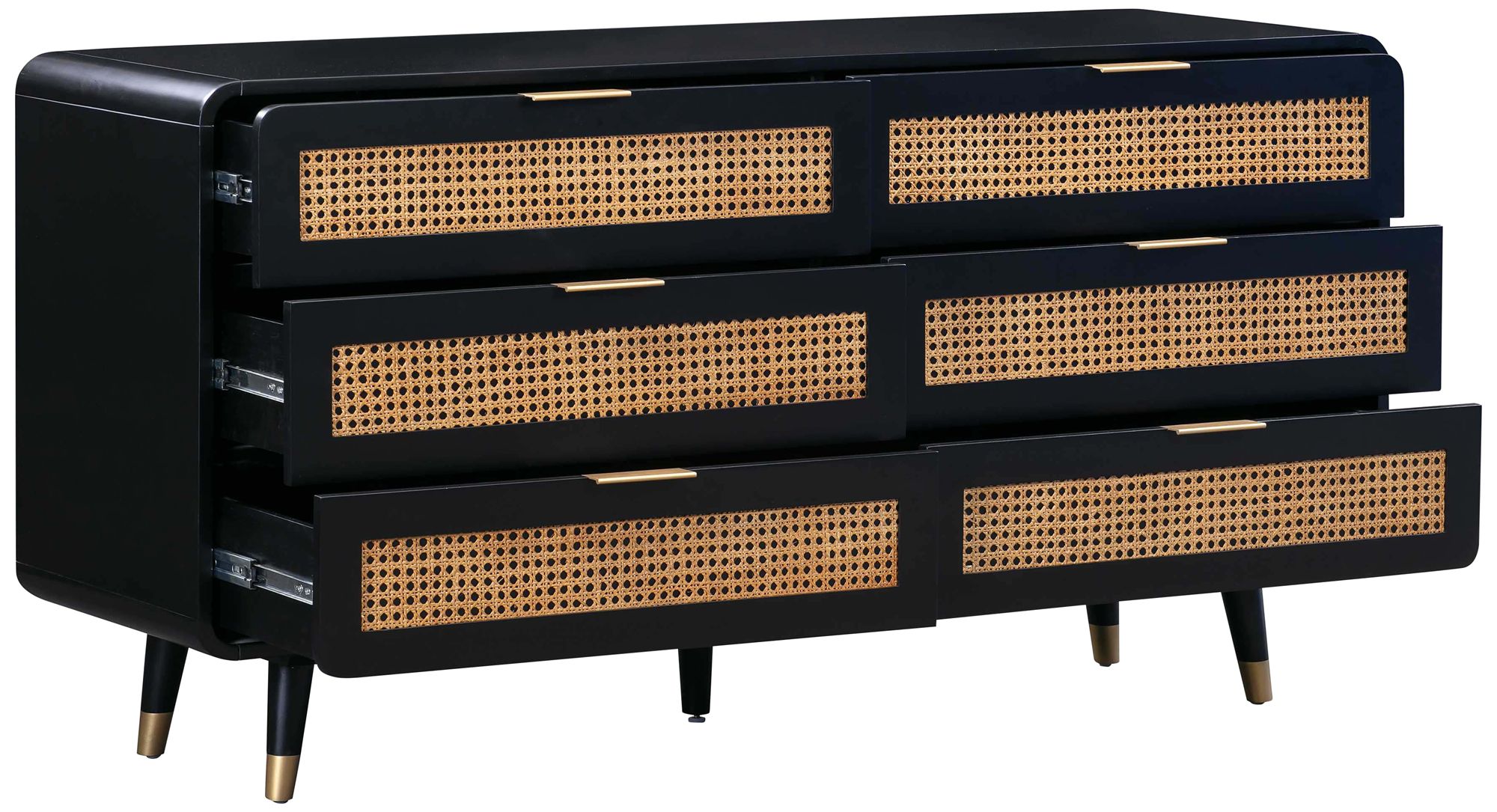 Christine 62" Wide Black Acacia Wood and Iron 6-Drawer Dresser